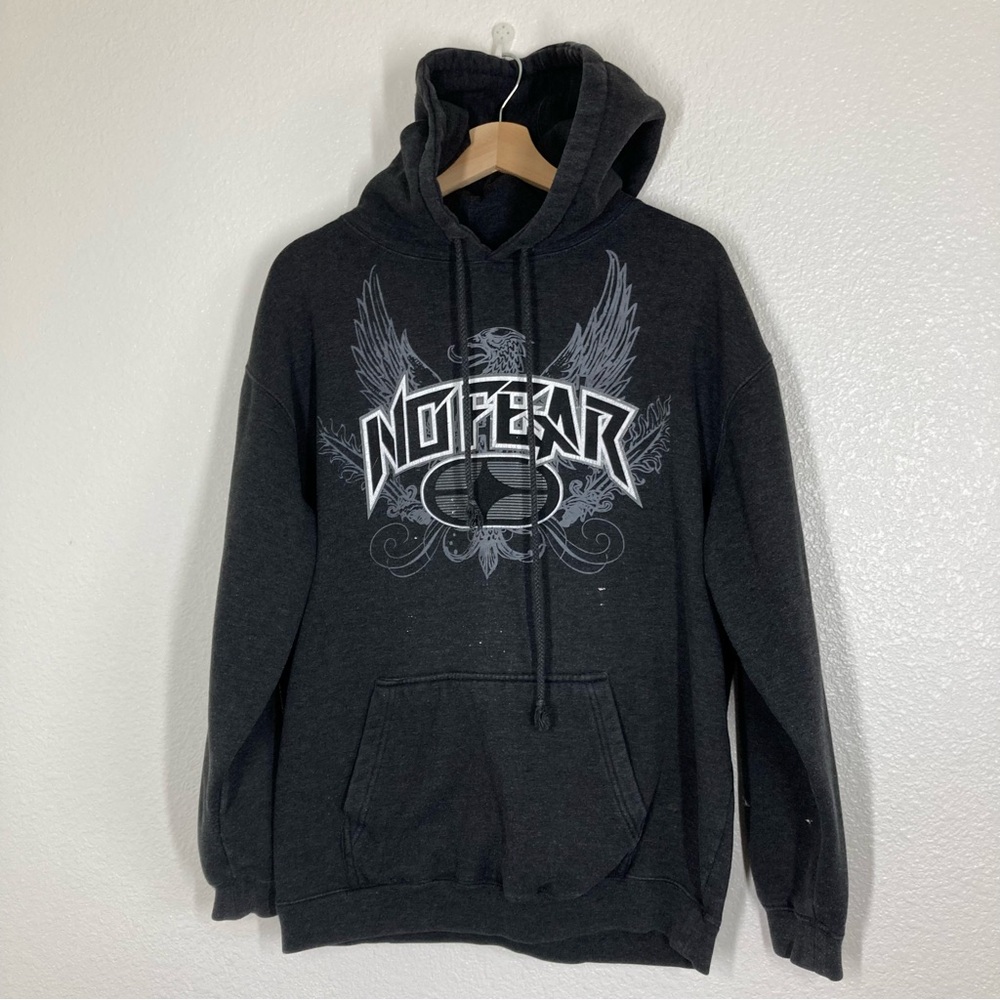 No Fear Hoodie Y2K Mens Medium Grunge Skate  Dark Gray Tribal - Picture 3 of 16